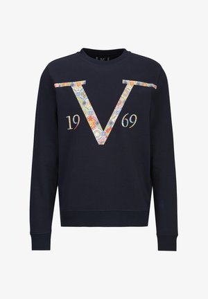 Marineblauer Pullover mit großem "V" und den Zahlen "19" und "69" im floralen Muster auf der Brust, Rundhalsausschnitt und langen Ärmeln.