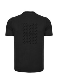 Schwarzes T-Shirt mit kurzen Ärmeln aus weicher Baumwolle. Verfügt über ein dezentes strukturiertes Muster und einen Logo-Druck auf der Rückseite. Klassisches Rundhals-Design.