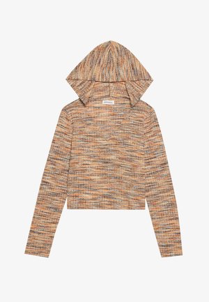 Su gobtuvu, ilgomis rankovėmis ir trumpa viršūne iš tekstūruotos medžiagos, puikuojasi oranžinėmis, rudos ir pilkos horizontaliomis juostelėmis. V-kaklo dizainas su laisvu siluetu.