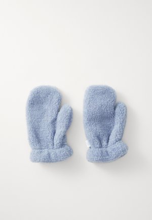 Helle blaue Fleece-Handschuhe mit weicher Textur, abgerundetem oberen Teil und umschlägig gestaltetem Handgelenk. Sie verfügen über ein schlichtes Design ohne zusätzliche Muster oder Hardware.