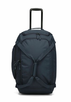 Dark blue wheeled duffel bag with adjustable straps, two front zipper pockets, and a retractable handle. Made from durable fabric.