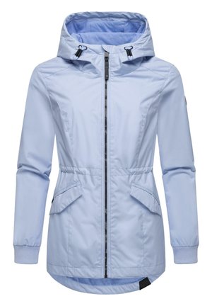 Veste bleu clair avec une fermeture éclair sur le devant, capuche ajustable, poignets ajustables et deux poches avant. Texture lisse et design avec réglage à la taille.