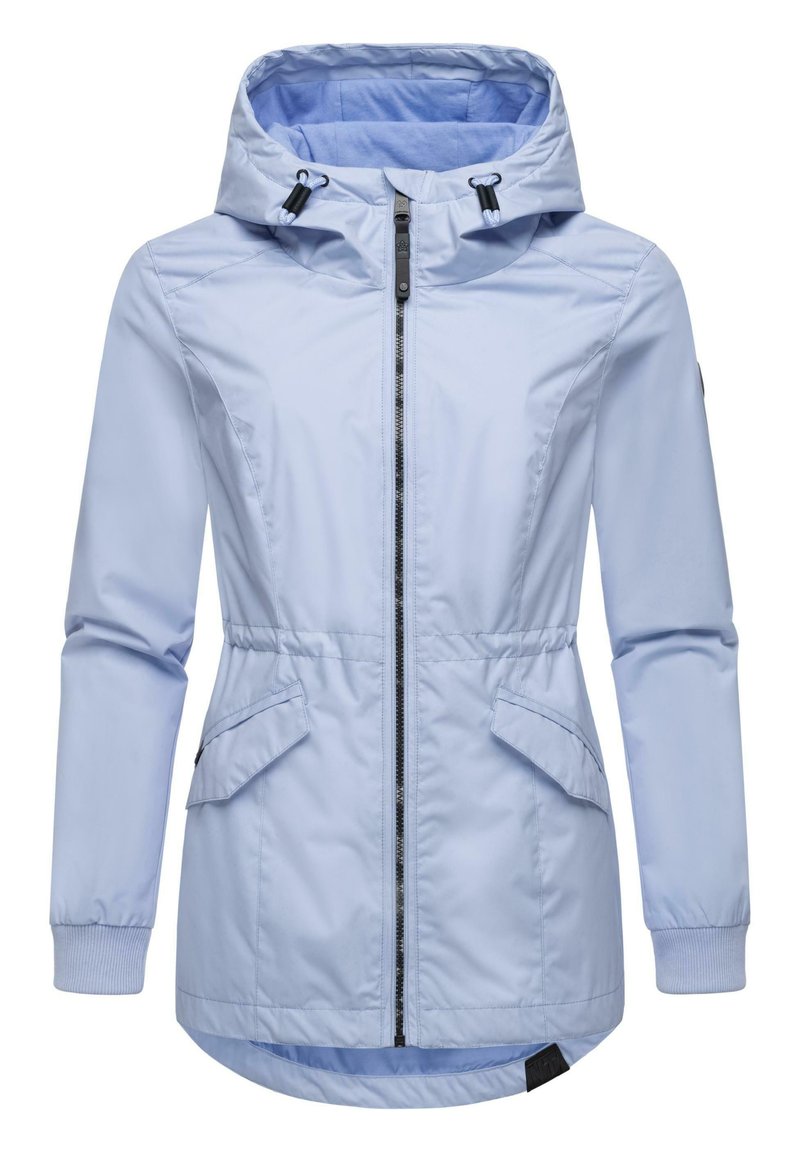 Veste bleu clair avec une fermeture éclair sur le devant, capuche ajustable, poignets ajustables et deux poches avant. Texture lisse et design avec réglage à la taille.