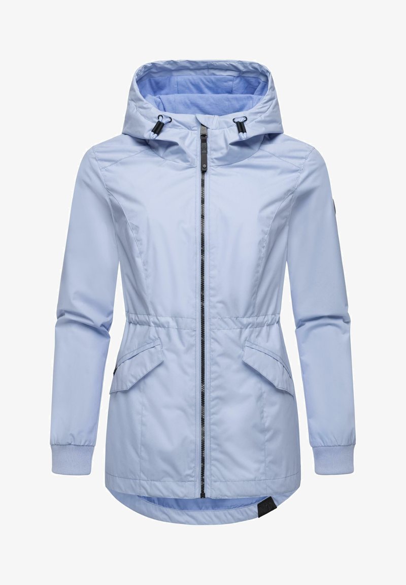 Šviesiai mėlyna striukė su užtrauktuku priekyje, reguliuojama kapišonu, rankovių kaklų ir dviem priekinių kišenėmis. Glotni tekstūra ir liemens reguliavimo dizainas.