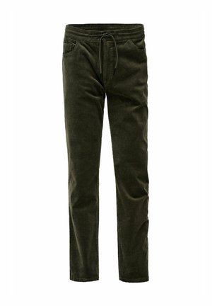 Pantalons en velours côtelé vert foncé avec une surface texturée, dotés d'une ceinture élastique et d'un cordon de serrage, ainsi que de deux poches latérales.