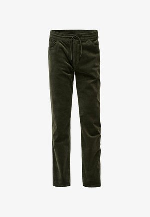 Pantalons en velours côtelé vert foncé avec une surface texturée, dotés d'une ceinture élastique et d'un cordon de serrage, ainsi que de deux poches latérales.