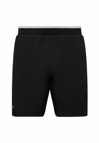 Schwarze Sportshorts mit glatter Textur, elastischem Bund und Seitentasche. Einfaches Design ohne sichtbare Muster oder Logos.