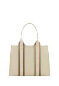 Beige neplederen tote bag met dubbele handvatten en verticale gestreepte accenten in groen en oranje. Heeft subtiele merkletters op de strepen.