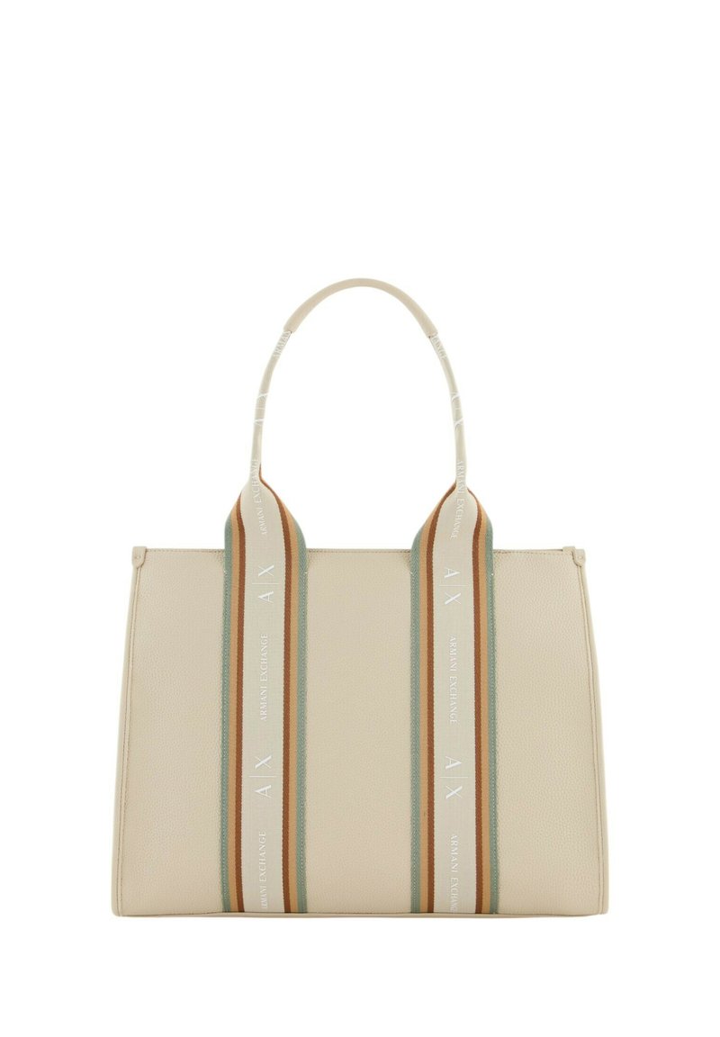 Beige neplederen tote bag met dubbele handvatten en verticale gestreepte accenten in groen en oranje. Heeft subtiele merkletters op de strepen.