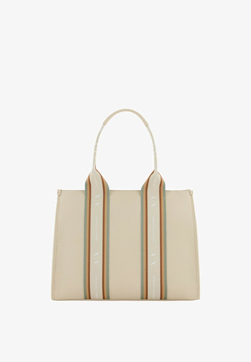 Beige neplederen tote bag met dubbele handvatten en verticale gestreepte accenten in groen en oranje. Heeft subtiele merkletters op de strepen.