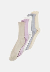 Set of five knee-high socks in beige, lavender, gray, white, and cream. Features a ribbed texture with a frilled top edge design.