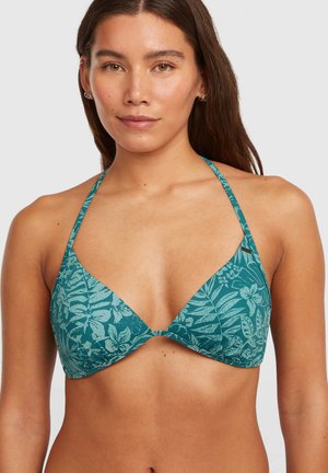 Turkis bikini-top med trekantede skåle og et blomsterprint. Justerbare stropper mødes i en central forbindelse med minimal hardware.