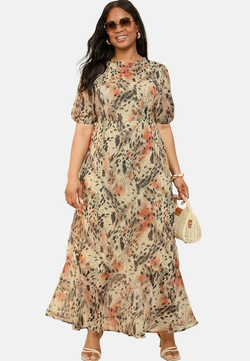 Maxikleid aus leichtem, mehrfarbigem Stoff mit Leopardenmuster. Kurze Puffärmel, taillierter Schnitt und ausgestellter Saum.