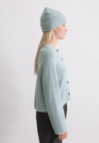 Cardigan a maglia azzurro chiaro con maniche lunghe, scollatura rotonda e bottoni neri. Abbinato a un berretto lavorato a maglia azzurro chiaro coordinato.