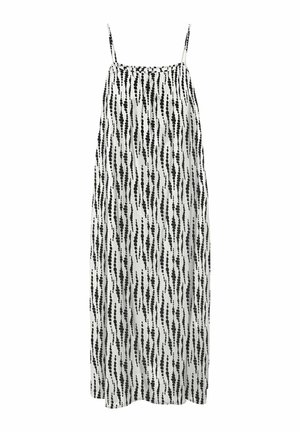 Abito senza maniche in bianco e nero con una vestibilità morbida, caratterizzato da un motivo a righe verticali composto da punti e un collo arricciato.