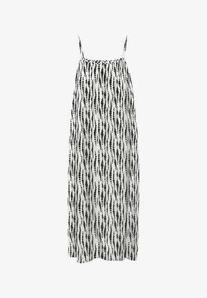 Abito senza maniche in bianco e nero con una vestibilità morbida, caratterizzato da un motivo a righe verticali composto da punti e un collo arricciato.