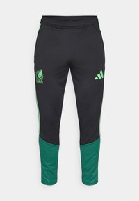 Czarne i zielone spodnie sportowe z elastycznym pasem, z logo drużyny piłkarskiej Meksyku na lewej udzie, logo Adidas na prawej udzie i zwężanymi nogawkami.