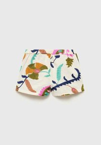 Bomullsshorts med elastisk midja, med flerfärgad blom- och bladmönster broderat på en krämfärgad bakgrund.