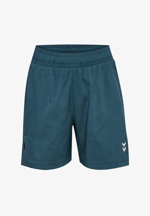 Türkise Sportshorts mit elastischem Bund, zwei Seitentaschen und einem weißen Zickzack-Logo am unteren rechten Rand. Aus glattem, leichtem Material.