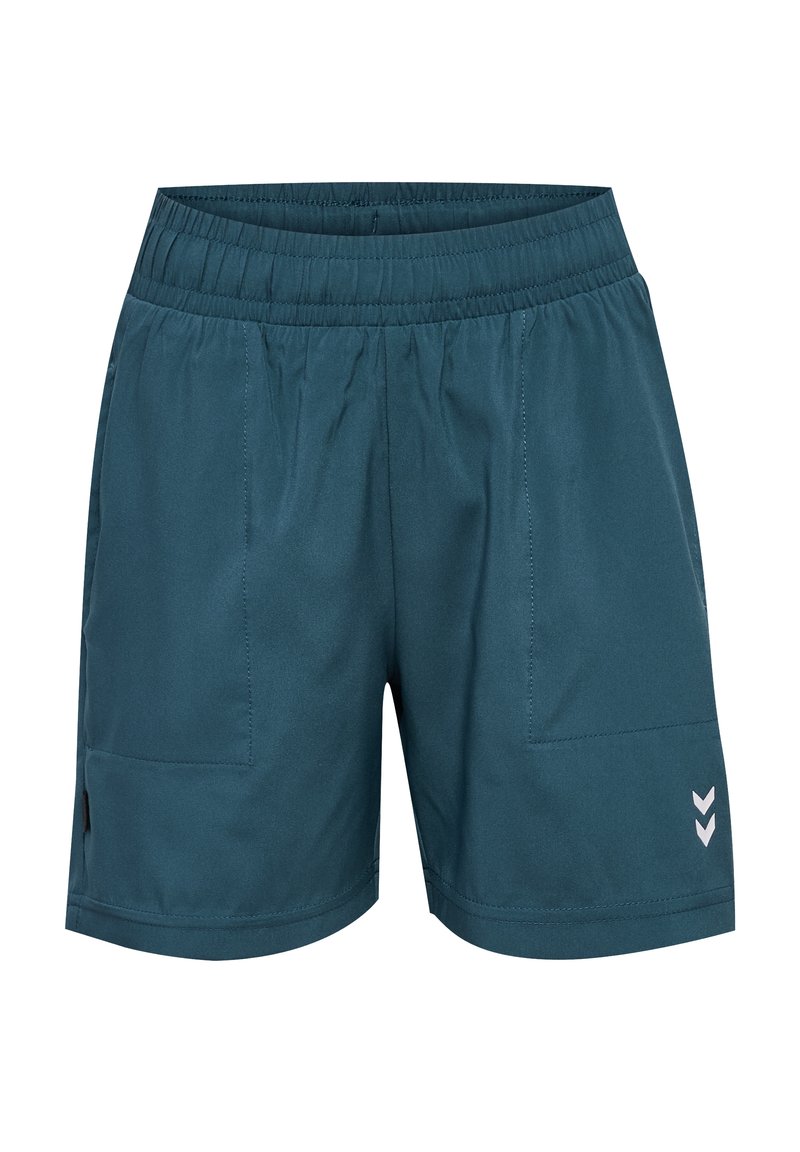 Teal atletiska shorts med elastiskt midjeband, två sidofickor och en vit zigzag-logotyp på nedre höger sida. Slätt, lätt material.