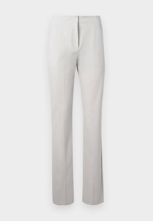 Light gray, tailored pants with a smooth texture, straight-leg cut, and a mid-rise waistband. Features front zip and side pockets.