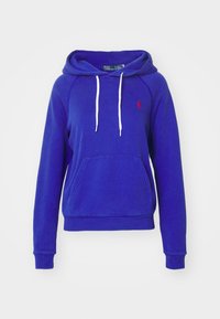 Königsblaues Hoodie aus weichem Stoff, mit einer Vorderseite Tasche, weißen Zugbändern und einem kleinen Logo auf der Brust. Bietet einen lässigen Schnitt.