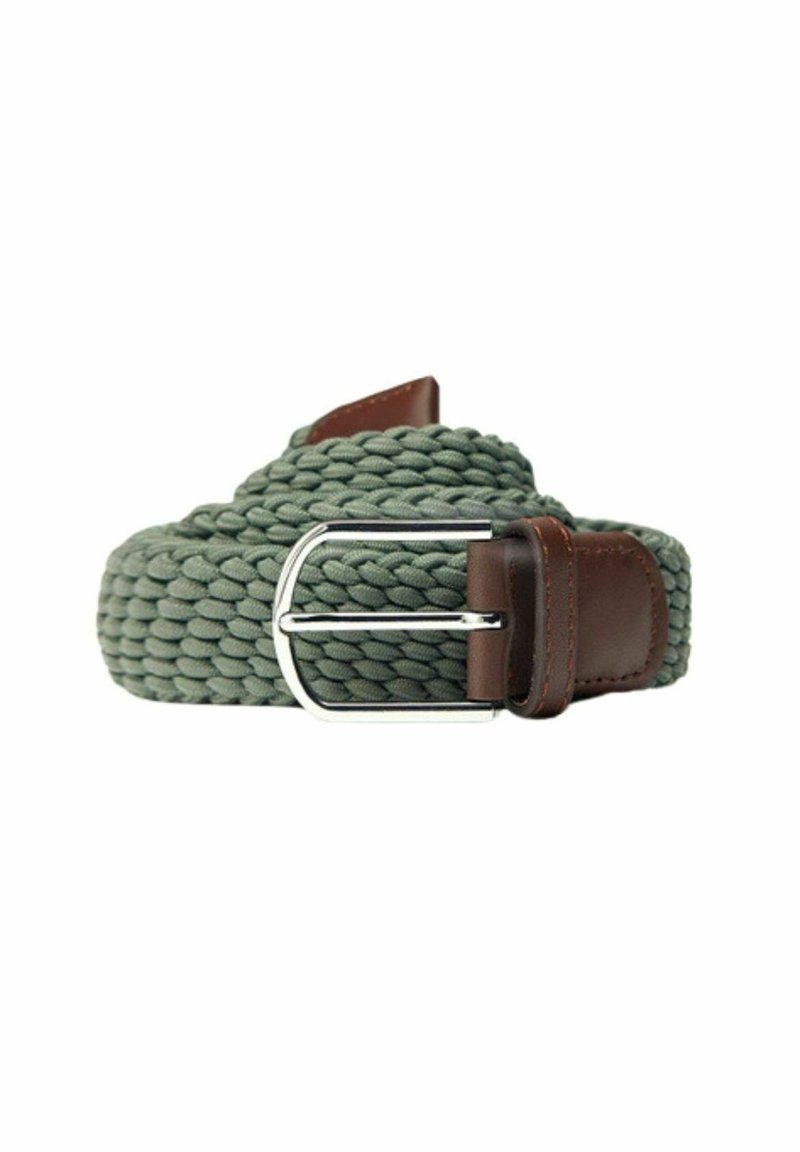 Vihreä joustava kudottu vyö, jossa on hopeinen Metalli solki ja ruskeat nahka yksityiskohdat. Kiehtova, punottu muotoilu.