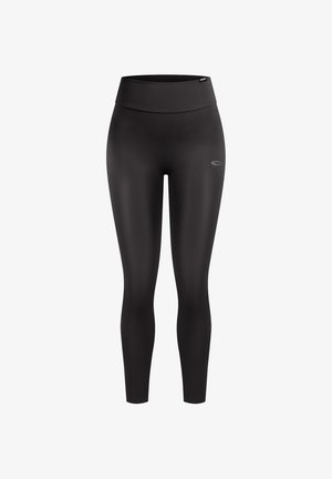 Mallas deportivas negras con una cinturilla alta, textura suave, diseño ajustado y un pequeño detalle de logo en el lateral.