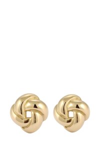 Boucles d'oreilles en ton or présentant un design en nœud avec des surfaces brillantes et lisses et une forme arrondie, affichant des textures polies et réfléchissantes.