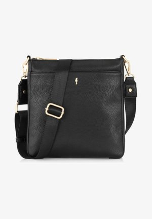 Czarna skórzana torba na ramię z teksturowanym wykończeniem. Posiada złotą oprawę i regulowany pasek, z subtelnym detalem logo z przodu.