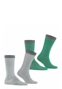 Zwei Paar Knöchelsocken: Ein Paar grau mit dünnen weißen Streifen, das andere einfarbig türkis, beide mit grauen gerippten Bündchen, aus einem Baumwoll-Mix.