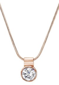 Roze gouden ketting met een gladde schakel en een ronde, heldere kristallen pendant. De hanger heeft een bezel-instelling voor extra detail.