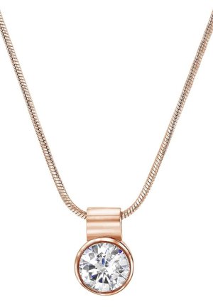 Roze gouden ketting met een gladde schakel en een ronde, heldere kristallen pendant. De hanger heeft een bezel-instelling voor extra detail.