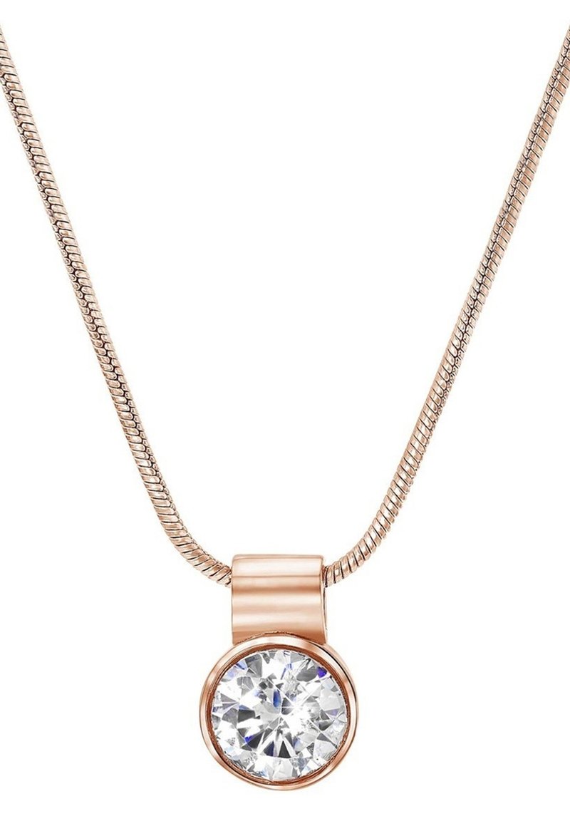 Roze gouden ketting met een gladde schakel en een ronde, heldere kristallen pendant. De hanger heeft een bezel-instelling voor extra detail.
