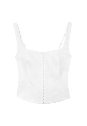 Top court blanc ajusté sans manches avec bretelles fines réglables et fermeture devant à agrafes, conçu pour les femmes.