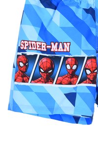 Spider-Man zwemshorts met een blauw geometrisch patroon, een rode en zwarte Spider-Man afbeelding, en een elastische tailleband voor comfort.