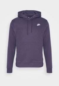 Purple cotton hoodie with a kangaroo pocket, drawstring hood, and white Nike logo on the left chest. Ribbed cuffs and waistband.