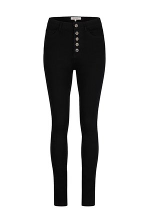 Zwarte skinny jeans van denim, met een hoge taille en vijf zilveren knopen, twee voorkanten zakken en een gladde textuur overal.
