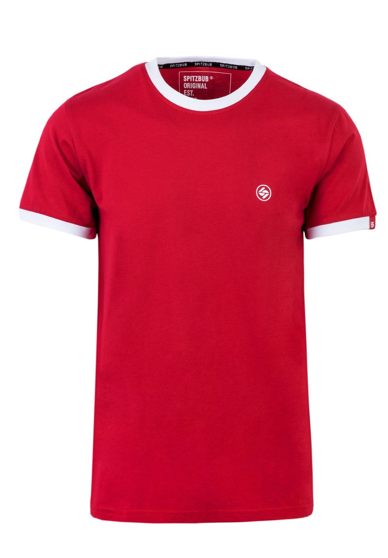 Rotes Baumwoll-T-Shirt mit rundem weißen Kragen und Ärmelabschlüssen. Verfügt über ein kleines weißes Logo auf der linken Brustseite. Glatte Textur.
