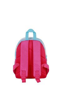 Sac à dos rose avec des accents bleus, tissu en maille au dos et bretelles réglables. Dispose d'une poignée supérieure et d'une fermeture éclair.