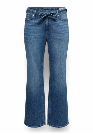 Blugi largi din denim albastru, cu buzunare frontale și o centură legată în talie, prezentate pe un fundal alb.