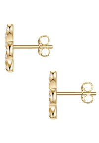 Zelta tonis stud auskari ar teksturētu taisnstūrveida dizainu, kurā pa vienu malu izvietoti mazi caurspīdīgi akmeņi. Drošas fiksācijas aizmugures.