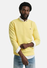 Geel sweatshirt met een ronde hals, geribde manchetten en onderrand. Draagt over een witte blouse met kraag. Zachte textuur en minimale merkidentificatie op de borst.
