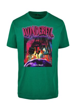 Green t-shirt with graphic of roller coaster structures, a person falling, fiery explosion, "WONDERFUL" text in pink, and "Skrrt, Skrrt" caption.