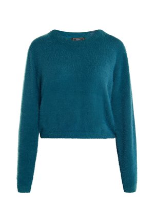 Zöldeskék, bolyhos, rövid fazonú pulóver hosszú ujjakkal és kerek nyakkivágással, amely puha tapintású és minimális részletezéssel rendelkezik.