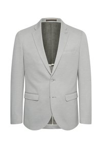 Light gray blazer with a single-button closure, notch lapels, and two front pockets. Textured fabric and partially lined interior.