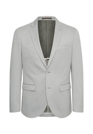Blazer gris claro con cierre de un botón, solapas con muesca y dos bolsillos frontales. Tejido texturizado y forro interior parcialmente.