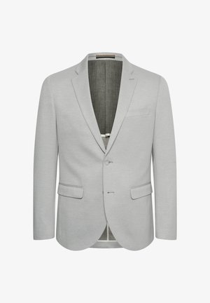 Svijetlosivi blejzer s jedno dugmetom, rever ovratnikom i dva prednja džepa. Teksturisani materijal i djelomično podstavljena unutrašnjost.