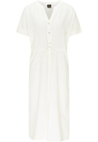Weißes Hemdkleid mit kurzen Ärmeln, V-Ausschnitt, Knopfverschluss, verstellbarem Taillenzug und lockerer Passform. Glatte Stofftextur.