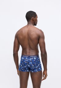 Férfi háttal állva kék mintás boxeralsót visel, amelynek derékrészén a "BJÖRN BORG" felirat látható, egy sima fehér háttér előtt.